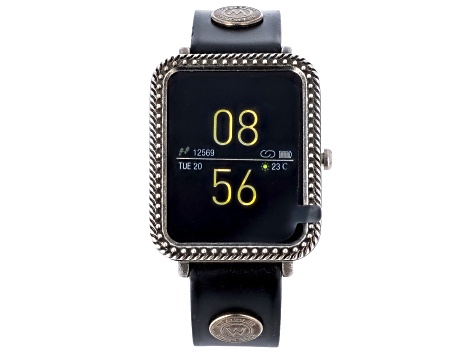 Wrangler Smart Watch Square Antique Silver Tone with Black Wrangler Rivet Strap