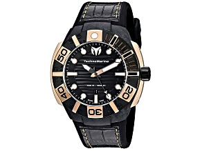 Technomarine Men's Reef Black Dial, Black and Rose Bezel, Black Rubber Strap Watch