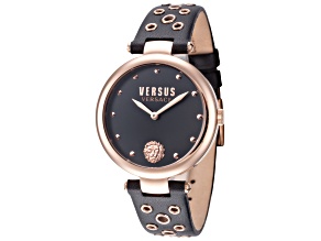 Versus Versace Women's Los Feliz 34mm Quartz Watch with Rose Bezel and Accents, Black Leather Strap