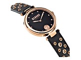 Versus Versace Women's Los Feliz 34mm Quartz Watch with Rose Bezel and Accents, Black Leather Strap