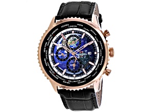 Seapro Men's Meridian World Timer GMT Blue Dial, Rose Bezel, Black Leather Strap Watch