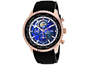 Seapro Men's Meridian World Timer GMT Blue Dial, Rose Bezel, Black Rubber Strap Watch