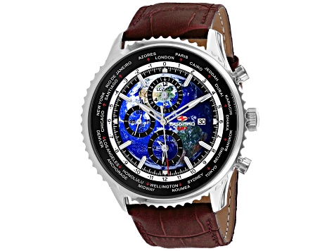 Seapro Men's Meridian World Timer GMT Blue Dial, Black Bezel, Brown Leather Strap Watch