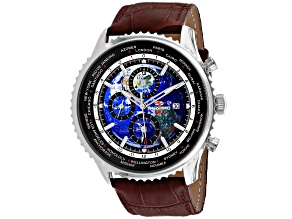 Seapro Men's Meridian World Timer GMT Blue Dial, Black Bezel, Brown Leather Strap Watch