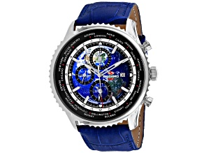 Seapro Men's Meridian World Timer GMT Blue Dial, Black Bezel, Blue Leather Strap Watch