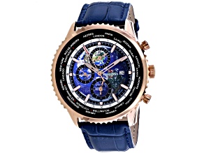 Seapro Men's Meridian World Timer GMT Blue Dial, Rose Bezel, Blue Leather Strap Watch