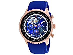 Seapro Men's Meridian World Timer GMT Blue Dial, Rose Bezel, Blue Rubber Strap Watch