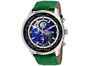 Seapro Men's Meridian World Timer GMT Blue Dial, Black Bezel, Green Leather Strap Watch