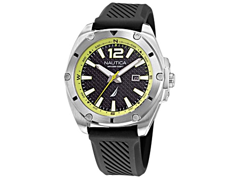 Nautica Tin Can Bay Men's 44mm Quartz Watch, Black Silicone Strap