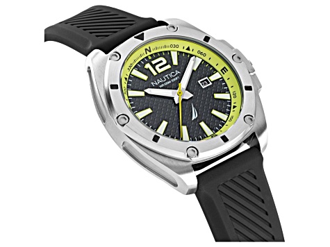Nautica Tin Can Bay Men's 44mm Quartz Watch, Black Silicone Strap