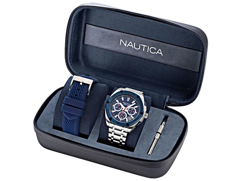 Nautica Tin Can Bay Men's 44mm Quartz Stainless Steel Watch, Blue Dial and Bezel