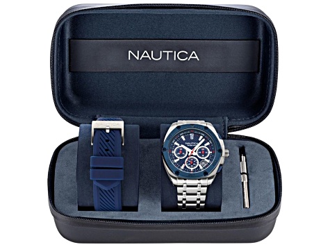 Nautica Tin Can Bay Men's 44mm Quartz Stainless Steel Watch, Blue Dial and Bezel