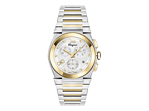 Ferragamo Vega Chrono Mens Watch 40MM Two Tone Case Silver