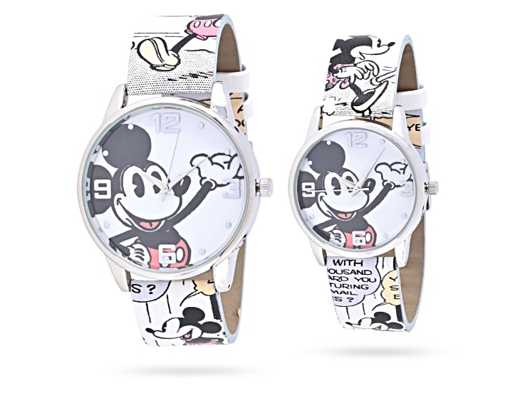 Disney Mickey Smiling Face Dial w/ Comic Book Vegan Leather Band His/Hers Watches Set of 2