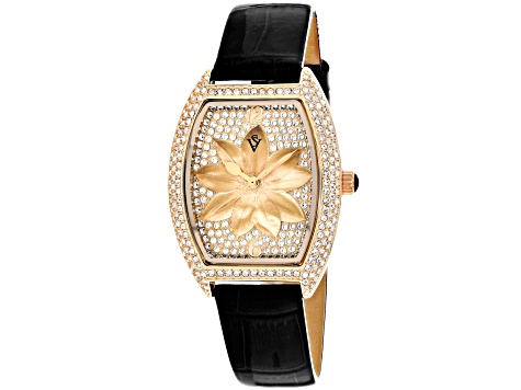 Christian Van Sant Women's Lotus Rose Dial, Black Leather Strap Watch