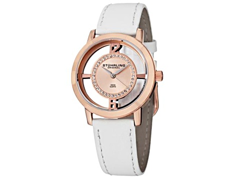 Stuhrling Women's Classic Rose Dial White Leather Strap Watch