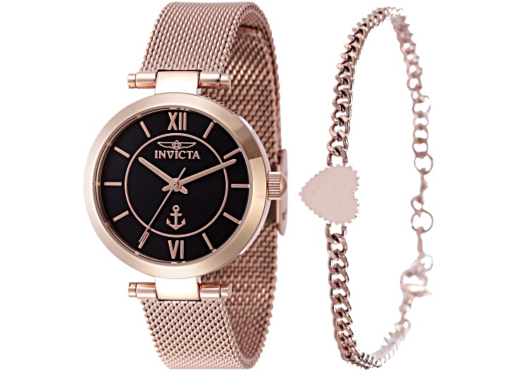 Invicta OCEAN VOYAGE 32mm Black Dial Rose Stainless Steel Quartz Watch And Bracelet Set