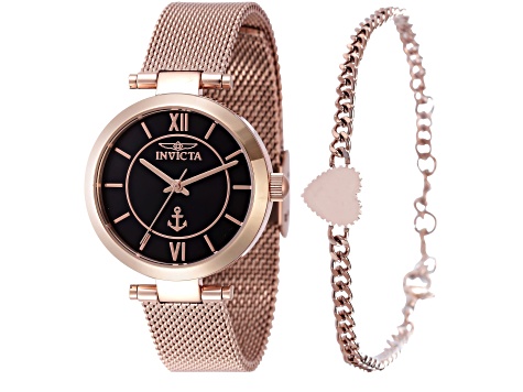 Invicta OCEAN VOYAGE 32mm Black Dial Rose Stainless Steel Quartz Watch And Bracelet Set