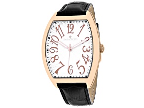 Christian Van Sant Men's Royalty II White Dial, Rose Accents and Bezel, Black Leather Strap Watch