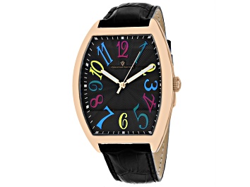 Picture of Christian Van Sant Men's Royalty II Black Dial, Multi-color Accents, Rose Bezel, Black Leather Watch