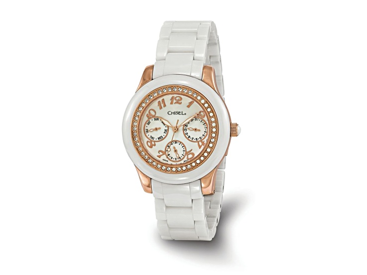 Ladies Chisel Rose IP-plated White Dial Ceramic Wrist Watch, 8 inch Length Ladies Chisel Rose IP-plated Floral Dial White Strap Watch  main image 3