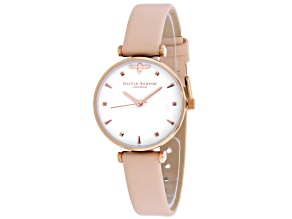 Olivia Burton Women's Embellished White Dial Pink Leather Strap Watch