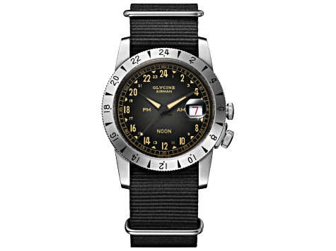 Glycine Unisex Airman Vintage 40mm Automatic Watch, Black Fabric Strap with Black Dial