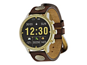 Wrangler Smart Watch Round Antique Gold Tone with Brown Wrangler Rivet Strap