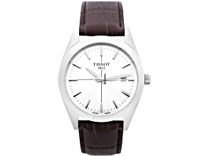 Tissot Men's Gentleman Metallic Silver Dial, Brown Leather Strap Watch