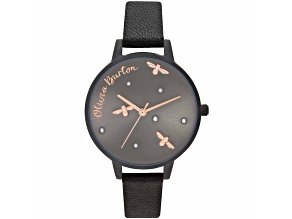 Olivia Burton Women's Pearly Queen Black Dial with Rose Accents Black Leather Strap Watch