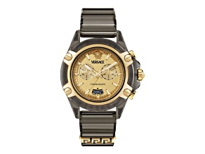 Versace Icon Active Mens Watch 44MM Transparent Black Polycarbonate Case Gold Matte Dial Strap