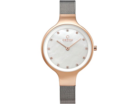 Obaku Women's Rose Mother-Of-Pearl Dial Rose Accents Stainless Steel Mesh Band Watch