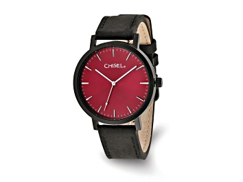 Picture of Men's Stainless Steel Red Dial Black Leather Strap Watch