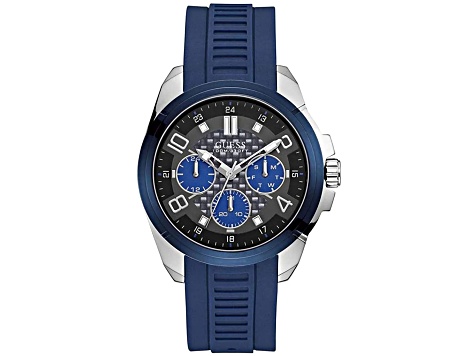 Guess Men's Classic Multi-color Dial Blue Bezel Blue Rubber Strap Watch