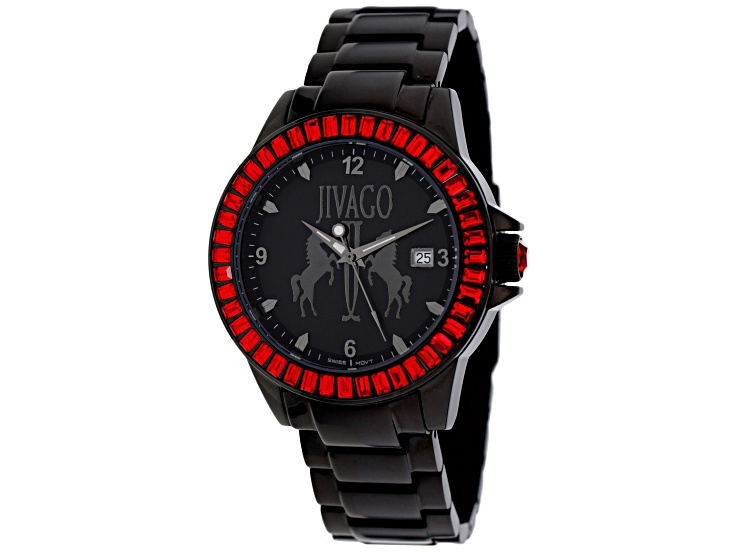 FEVR シーガル 黒/赤 フロントチェストジップ Jivago Women's Folie Red Crystal Bezel Black Stainless Steel Watch