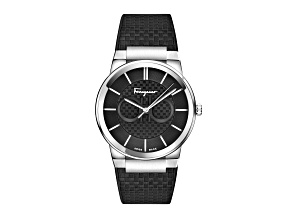 Ferragamo Sapphire Mens Watch 41MM Stainless Steel Case Black GuillochéDial Recycled PU Strap