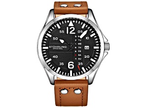 Stuhrling Men's Classic Black Dial Brown Leather Strap Watch
