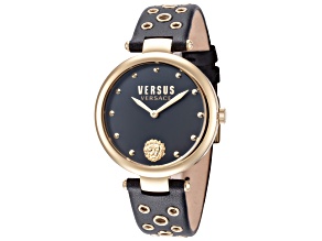 Versus Versace Women's Los Feliz 34mm Quartz Watch, Yellow Bezel and Accents, Black Leather Strap