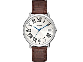 Guess Men's Classic White Dial with Blue Hands Brown Leather Strap Watch