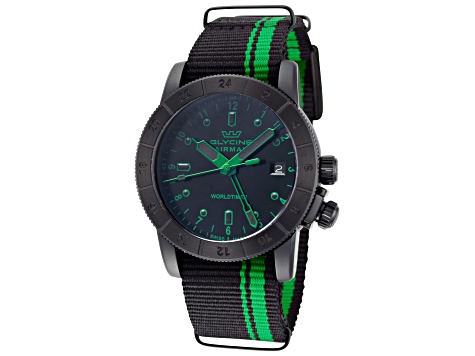 Glycine Men's Airman Worldtimer 42mm Quartz Green and Black Nylon Strap Watch