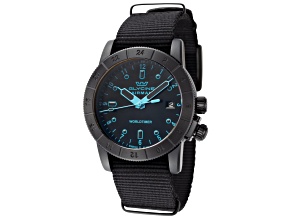 Glycine Men's Airman Worldtimer 42mm Quartz Black Dial Blue Hands Black Strap Watch
