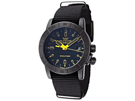 Glycine Men's Airman Worldtimer 42mm Quartz Black Dial Yellow Hands Black Strap Watch