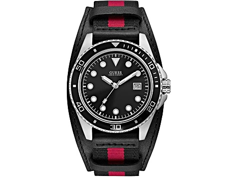 Guess Men's Classic Black Dial Black with Red Stripe Fabric Strap Watch