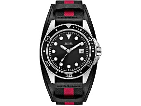 Guess Men's Classic Black Dial Black with Red Stripe Fabric Strap Watch