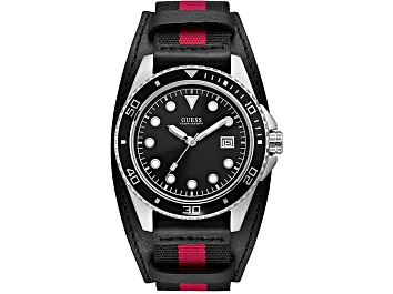 Picture of Guess Men's Classic Black Dial Black with Red Stripe Fabric Strap Watch