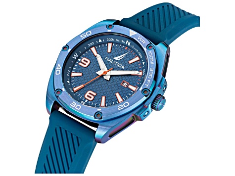 Nautica Tin Can Bay Men's 44mm Quartz Watch, Blue Silicone Strap