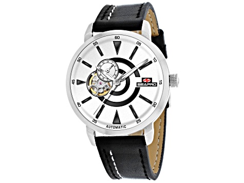 Seapro Men's Elliptic White Dial, Black Leather Strap Watch