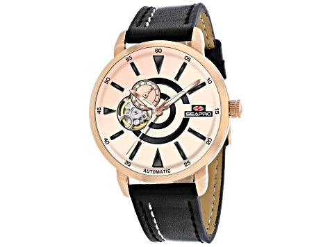 Seapro Men's Elliptic Rose Dial, Black Leather Strap Watch