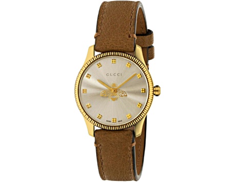 Gucci Women's G-Timeless White Dial, Brown Leather Strap Watch