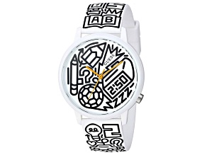 Guess Women's Classic White with Black Lettering Leather Strap Watch